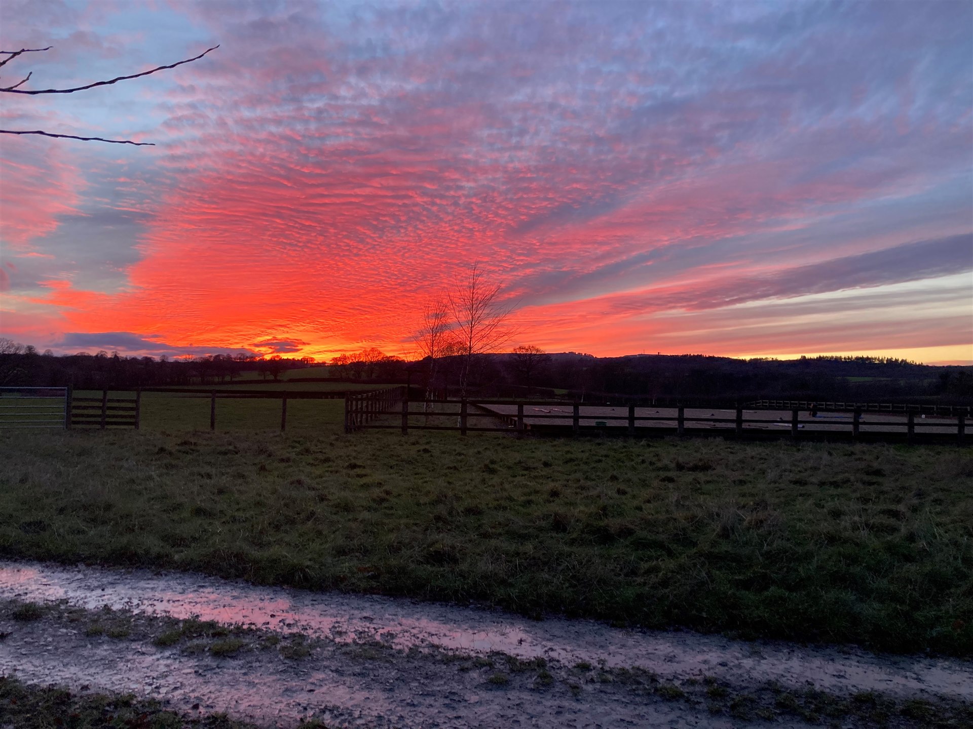 An intense red and orange sunset over the equestrian arena at Reaside Farm